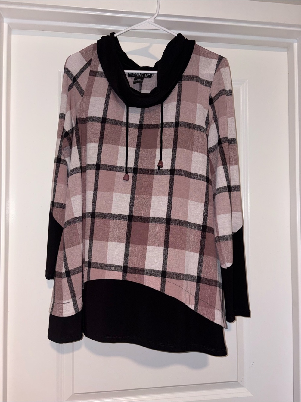 Michael Tyler Pink Plaid Cowl Neck Hoodie with Black Trim